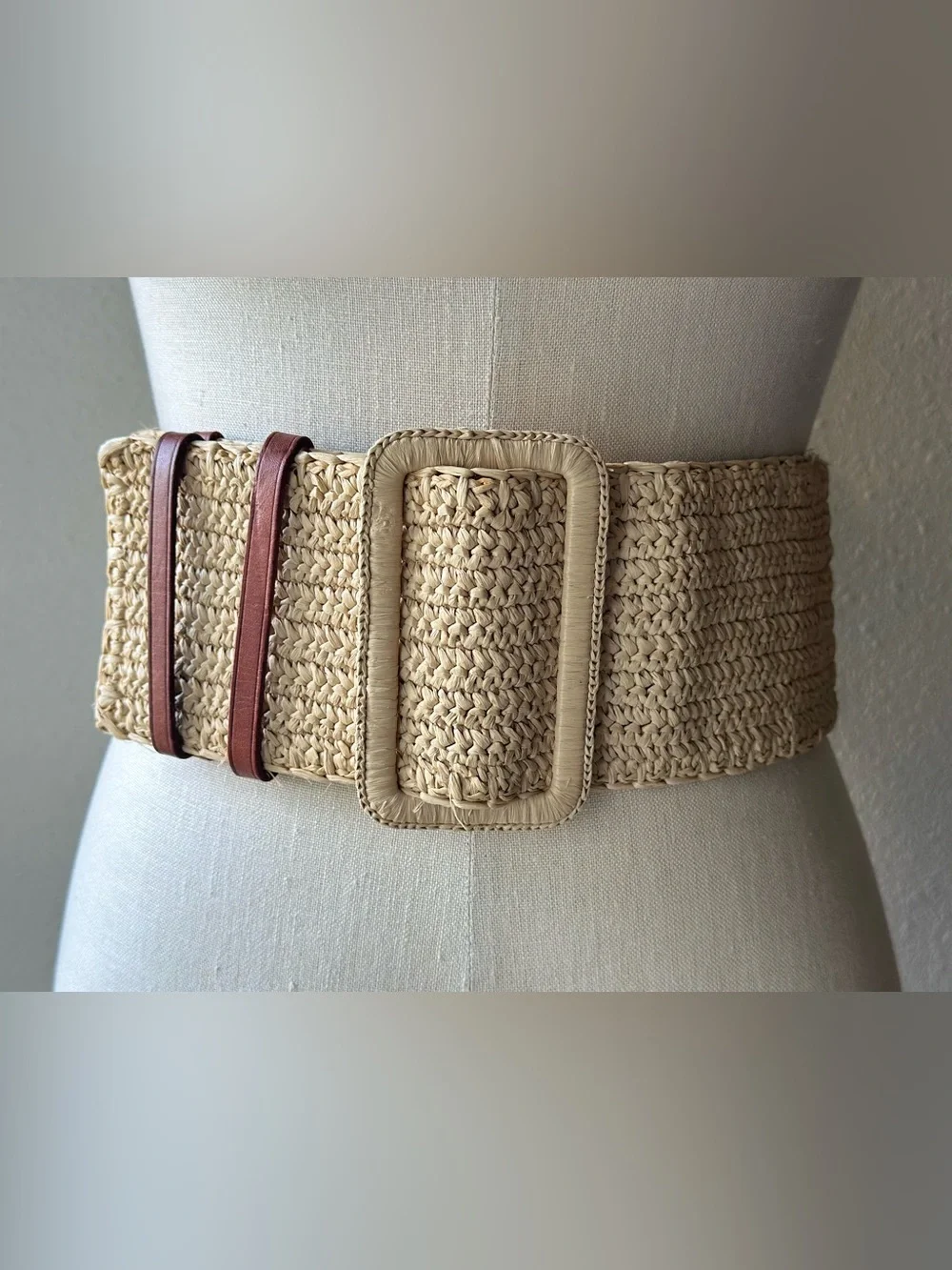Polo Ralph Lauren Raffia Belt Beige Brown Woven Leather Trim Whipstitch Womens S